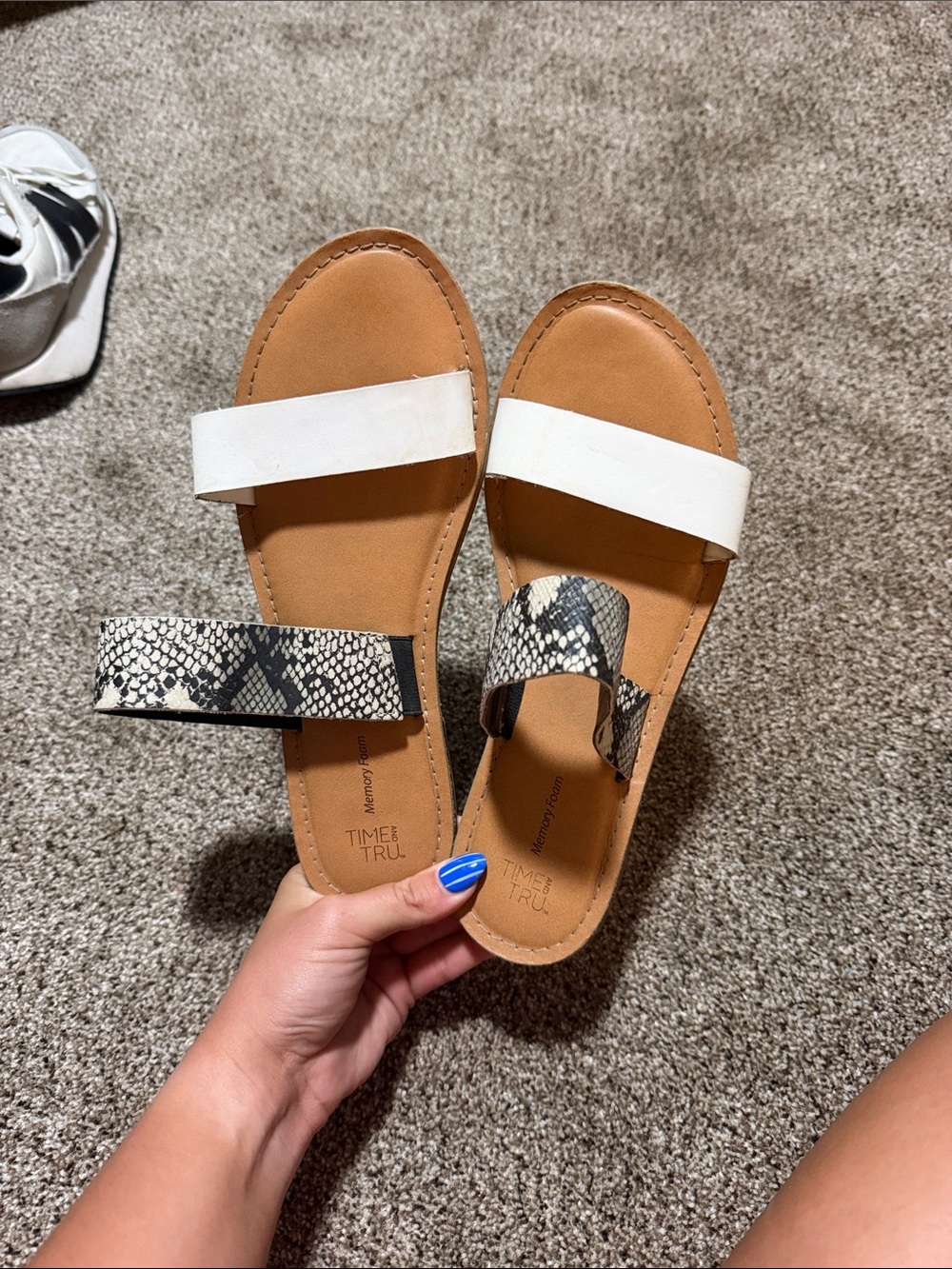 Time and Tru White and Snake-Print Slide Sandals